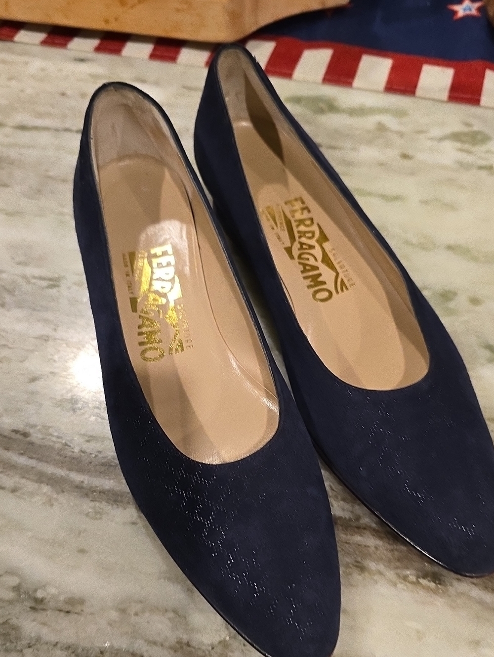 Salvatore Ferragamo Navy Suede Pointed-Toe Flats